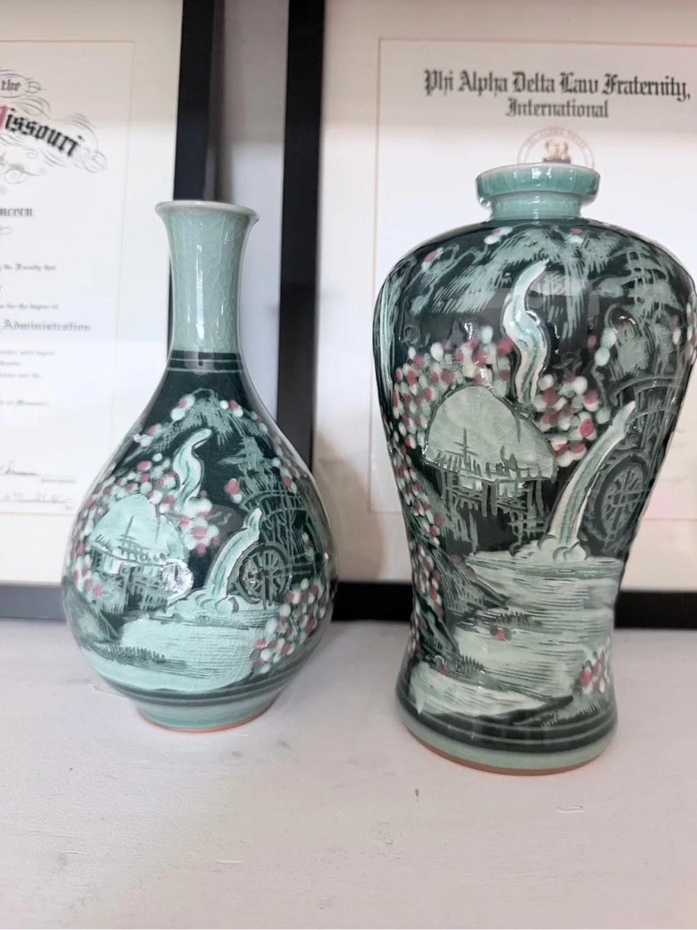 Vintage Korean Haegwang Celadon Sanggam Vase Pair w/ Certificate